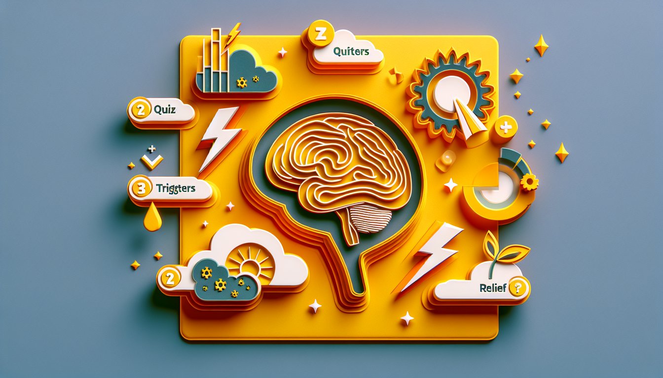 Paper art illustration of a brain with lightning bolt headache icons and question marks on golden yellow background.