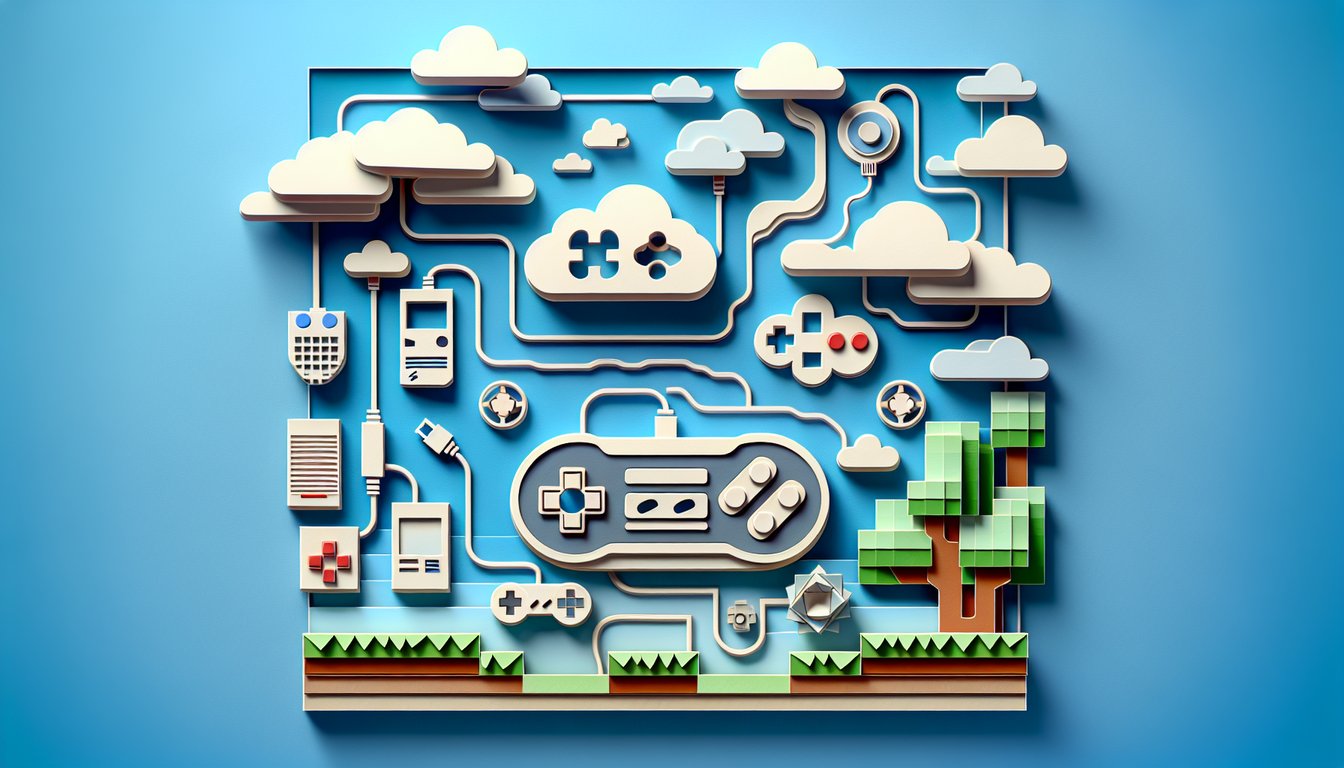 Paper art gaming icons on sky blue background with quiz prompt, controllers, score symbols, classic and modern games