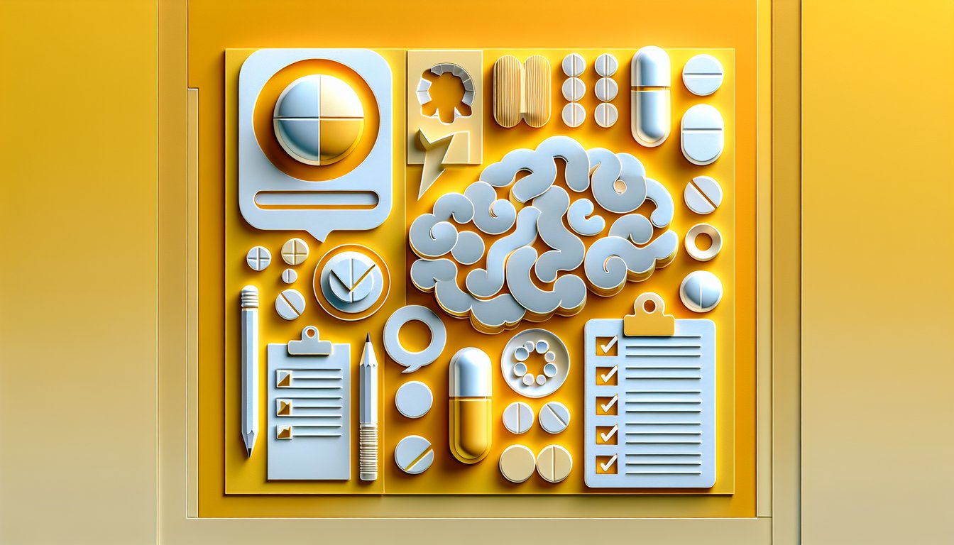 Paper art scene with stylized pills and mood icons on golden yellow backdrop for antidepressant quiz on uses side effects