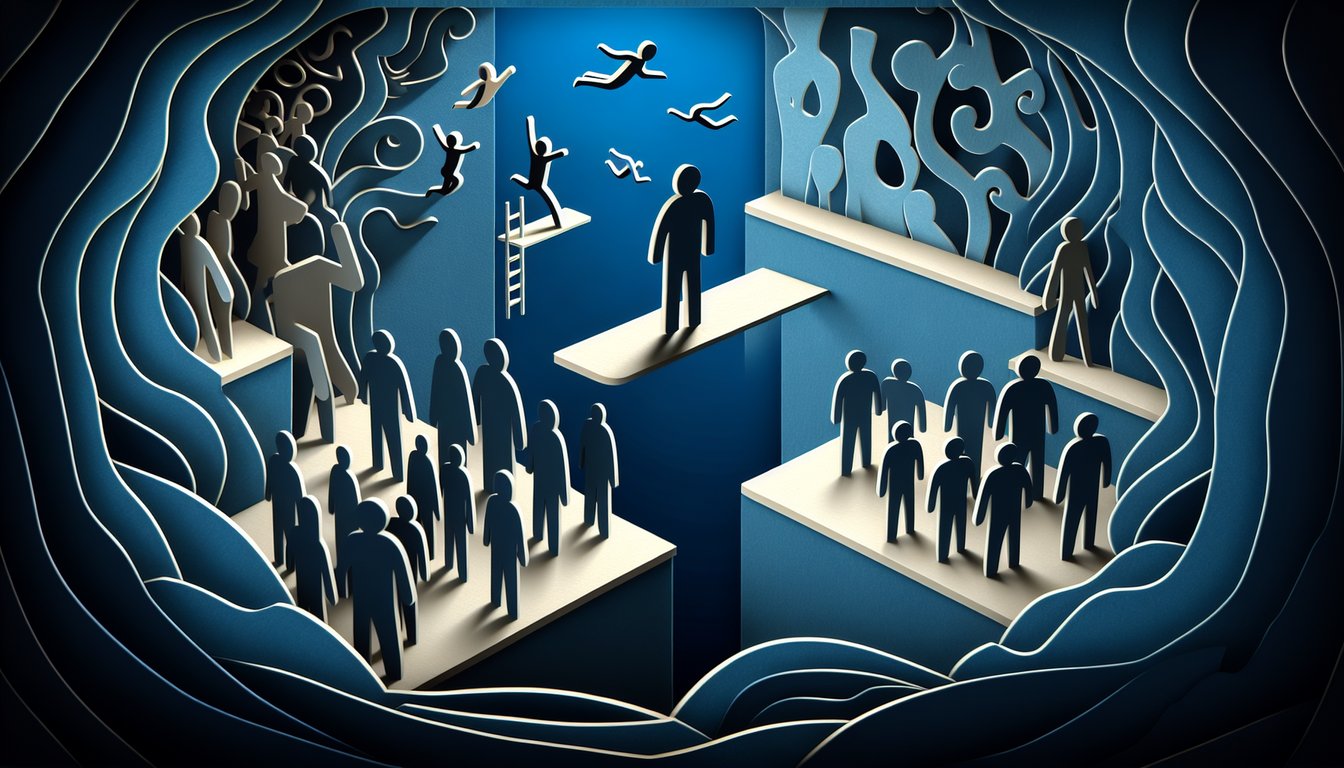 Paper art silhouette breaking paper barriers on dark blue background symbolizing overcoming fear of rejection