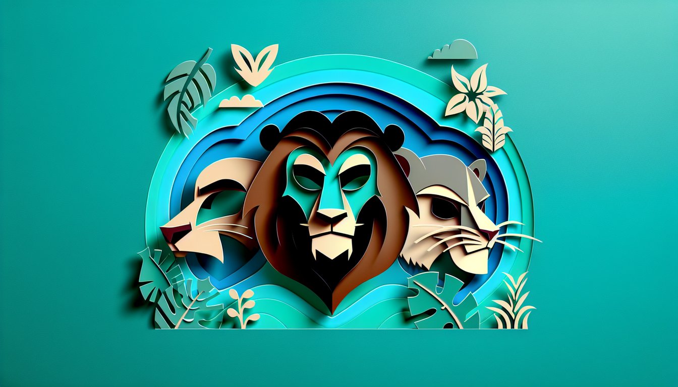 Paper art illustration of stylized Scar Zira Lion King villain silhouettes on teal background for free personality quiz