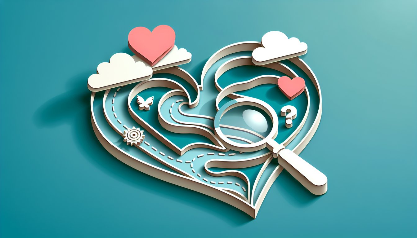 Paper art hearts question marks male figure magnifying glass on teal background suggesting uncovering his feelings quiz