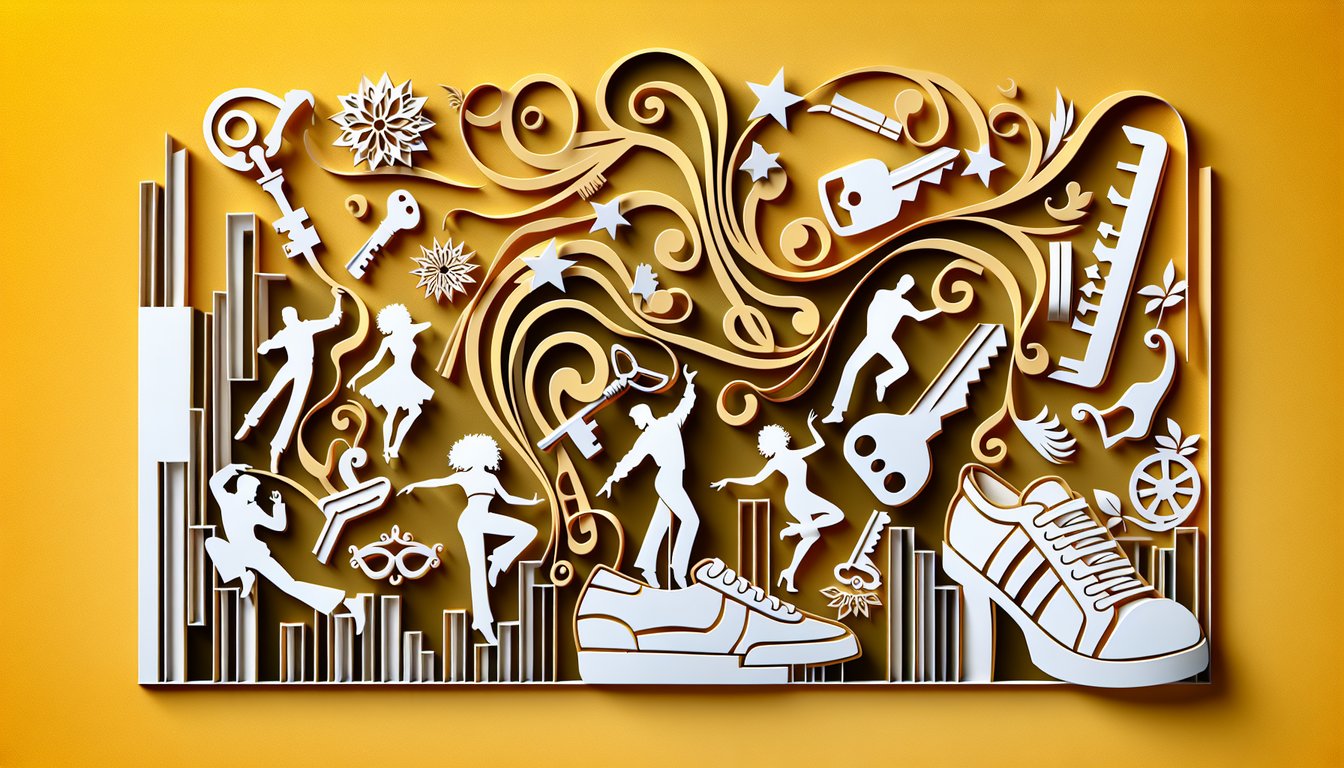Paper art dancer silhouette leaping on golden yellow background, cutout shapes suggesting music notes and stage lights