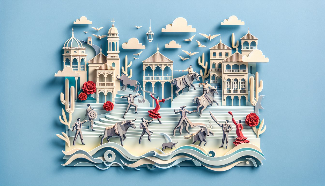 Paper art illustration of irregular preterite Spanish verb quiz icons and question marks on sky blue background.