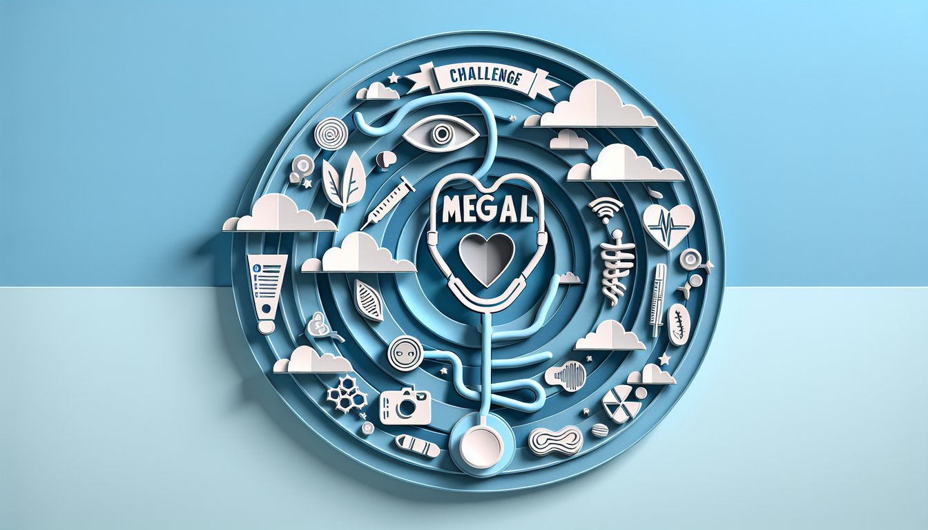 paper art quiz design with medical prefixes letters megal and ologist, clipboard stethoscope and book on sky blue background