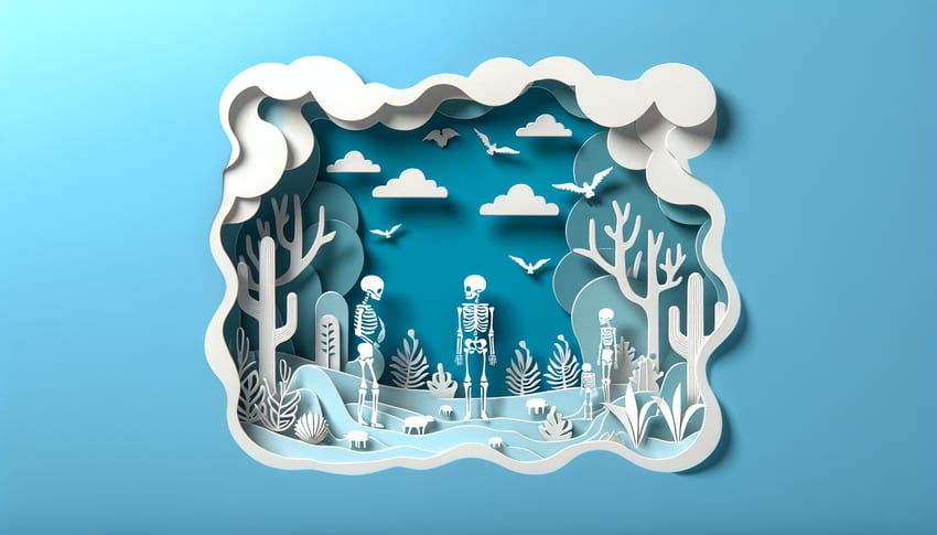 Paper art skeleton wearing varied alternate universe outfits against sky blue background with bold quiz text