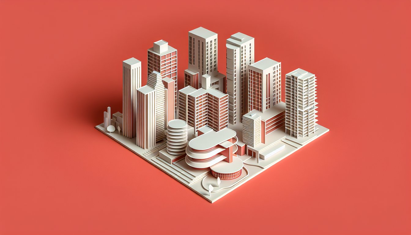 Paper art illustration of modernist architecture on coral background quiz prompt for History 1302 Test 1 practice exam