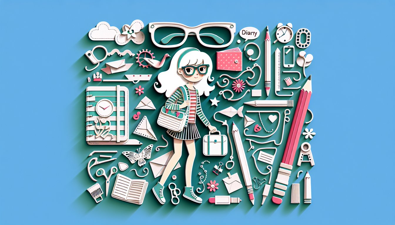 Paper art collage with doodled books and characters and text challenge yourself with free Dork Diaries quiz on teal background