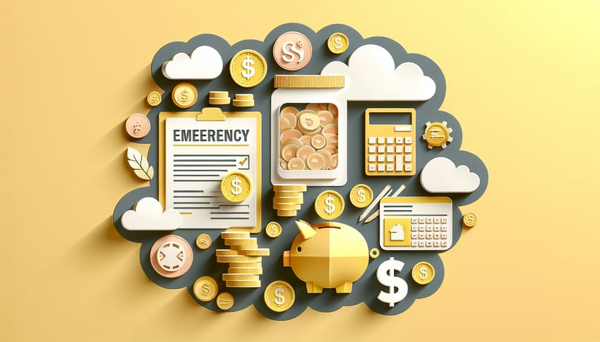 Paper art coins bills calculator graph question mark on golden yellow backdrop quiz on unexpected expenses budgeting tips