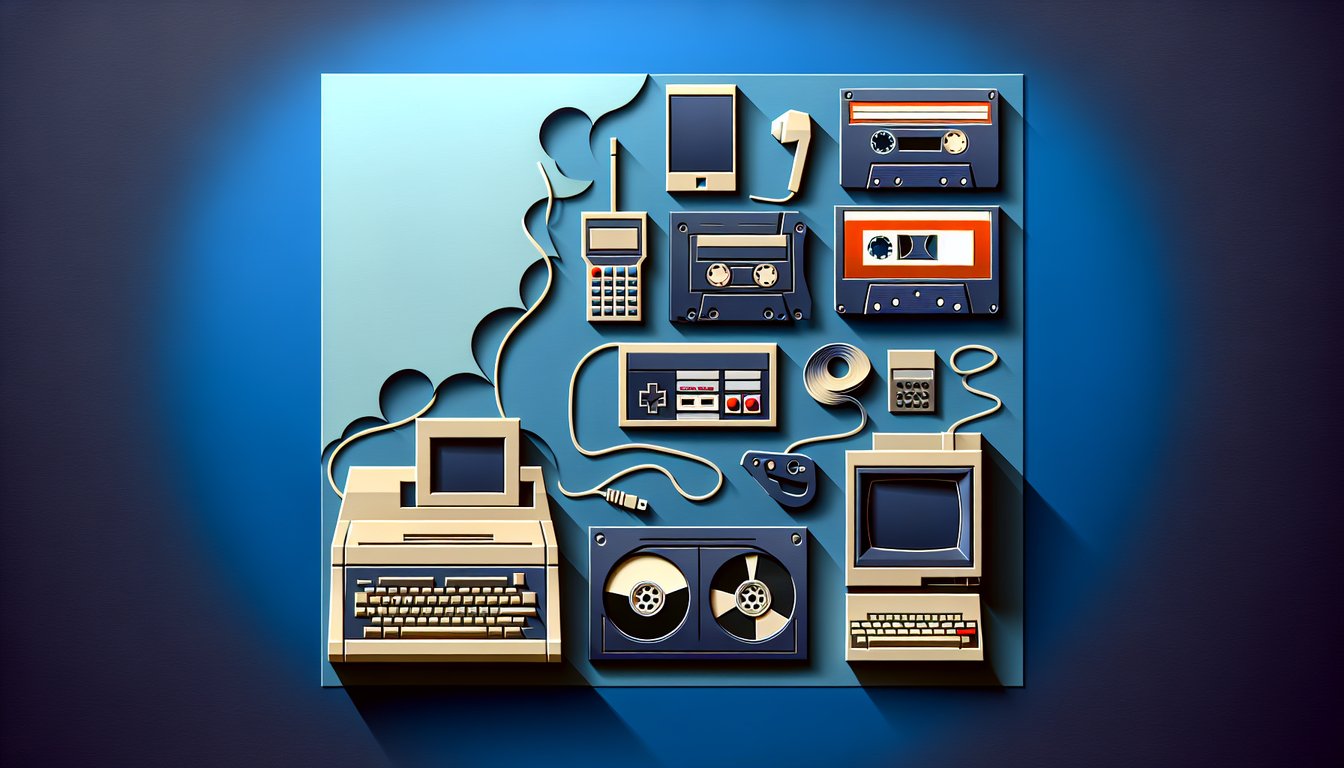 paper art style cutouts of 80s gadgets including floppy disk cassette game controller and quiz sheet on dark blue background