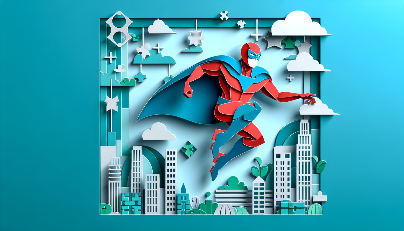 Paper art showing spider emblem webbing and hand poised to shoot web for Spider-Man quiz on teal background
