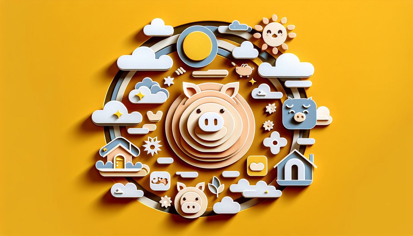 Paper art illustration for piggy personality quiz on a golden yellow background