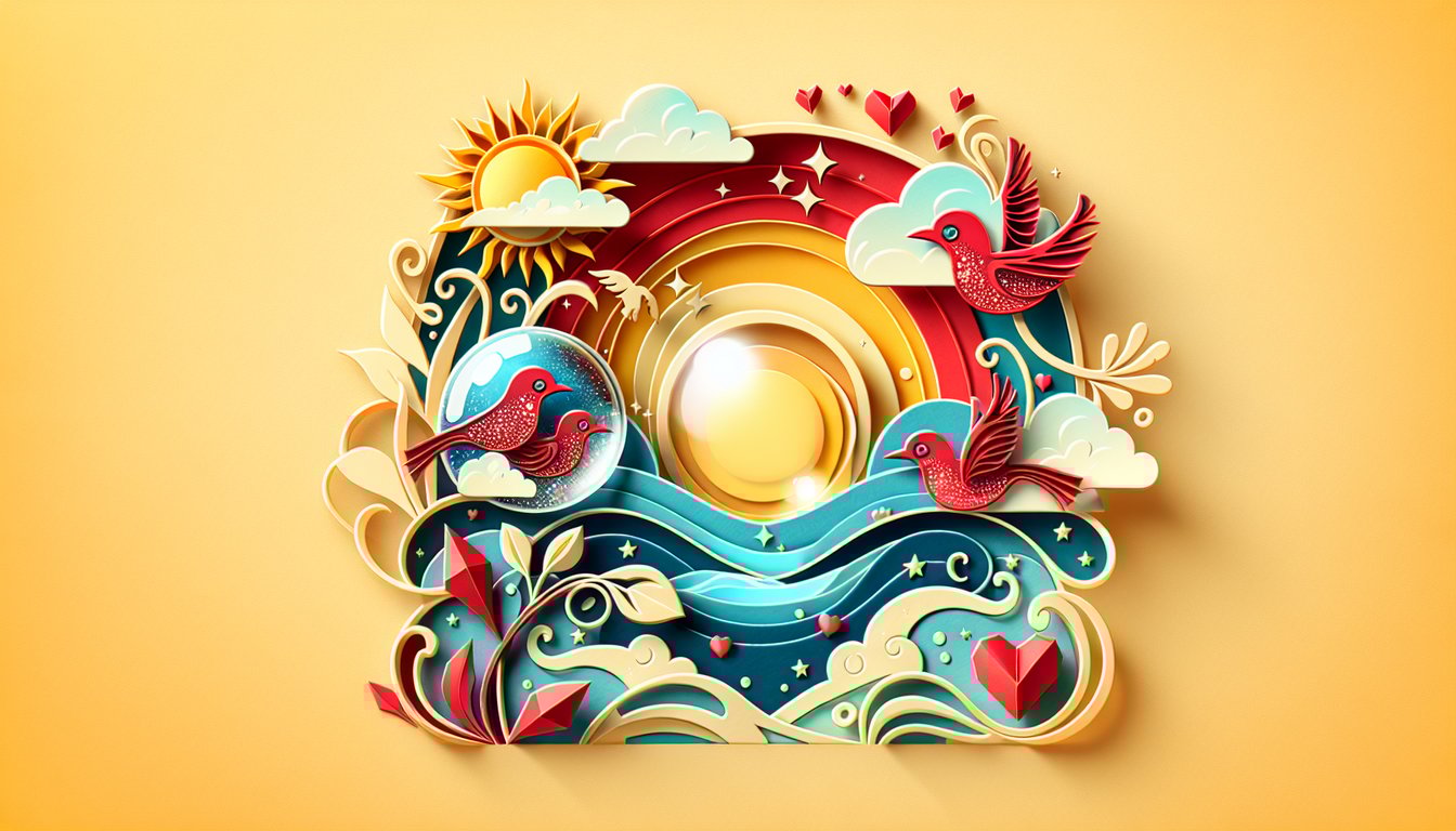 Paper art illustration with hearts, tarot cards and oracle symbols on golden yellow background inviting love quiz seekers.