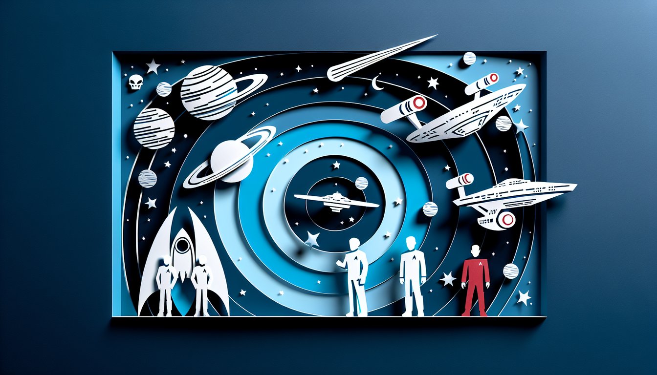 Paper art illustration of a star trek trivia quiz with iconic original series characters and episodes on dark blue backdrop.