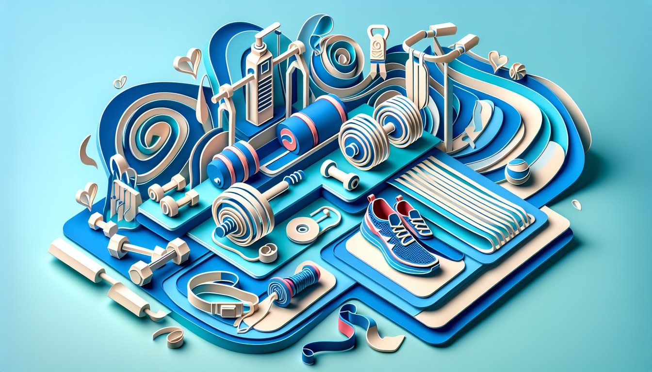 Paper art illustration for a fitness trivia quiz on a sky blue background