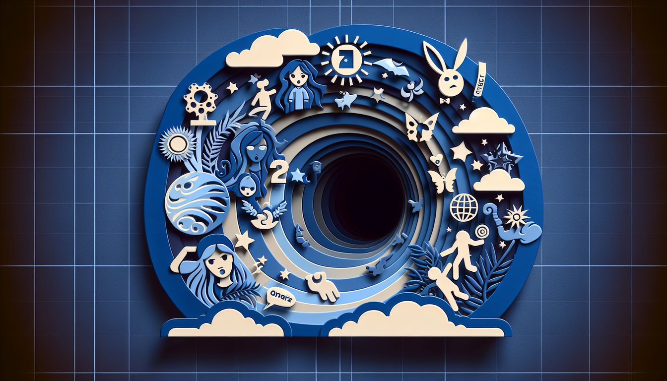 Paper art illustration for yaoi fandom persona quiz on dark blue background