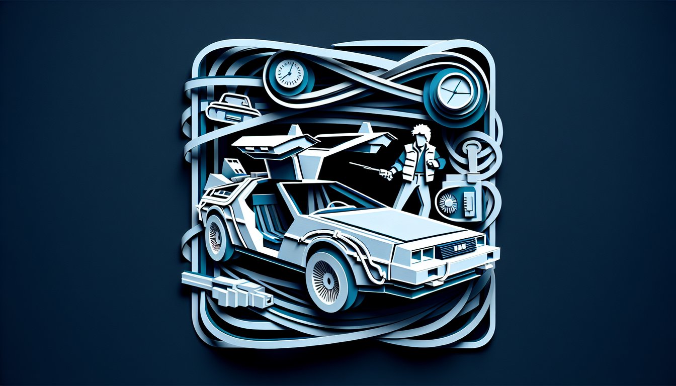 paper art collage showing stylized DeLorean Biff silhouette time circuits and quiz title on dark blue background