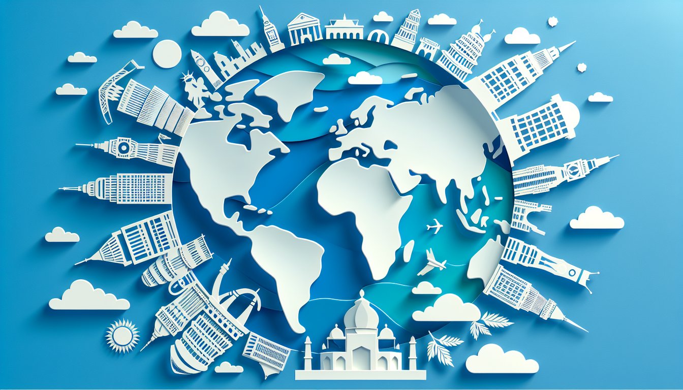 paper art globe map and city landmarks on sky blue background promoting free world capital quiz challenge