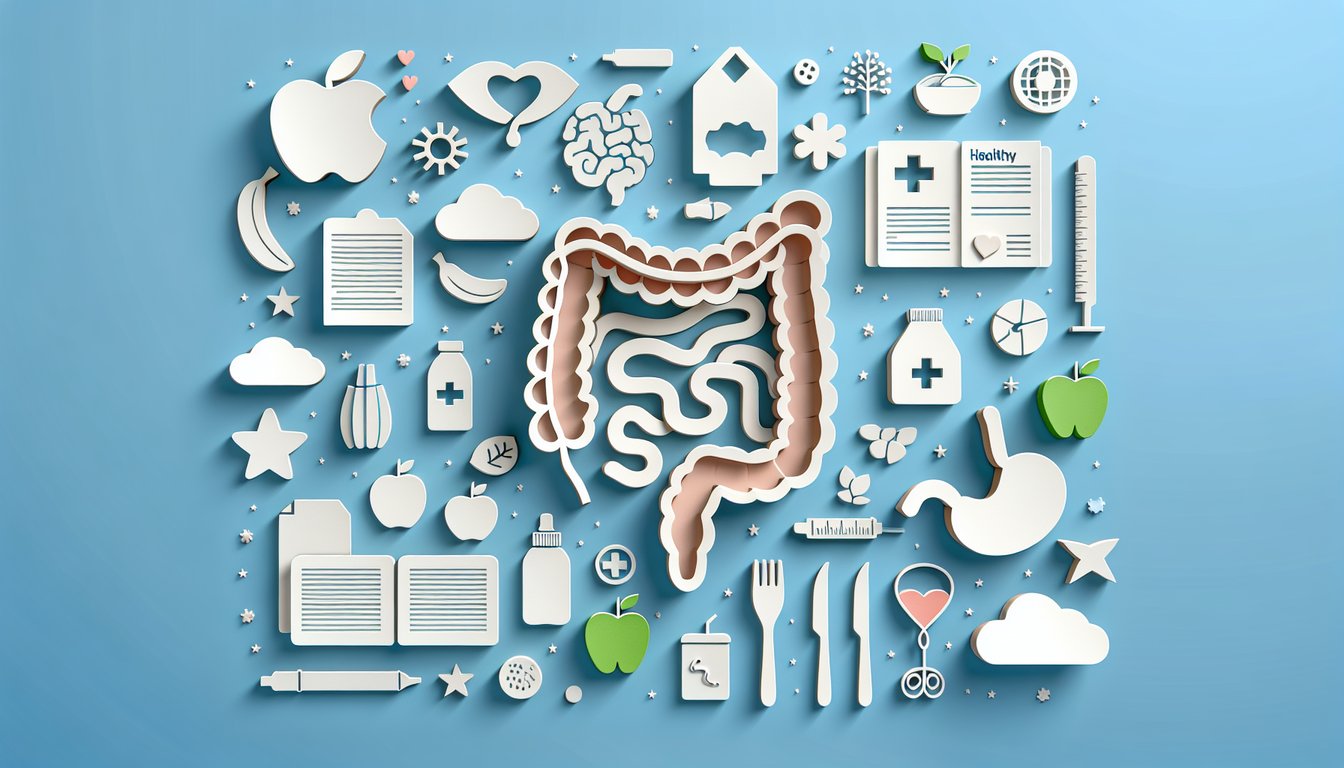 Paper art illustration of stomach intestines quiz items on sky blue background, digestive health icons and quiz prompt