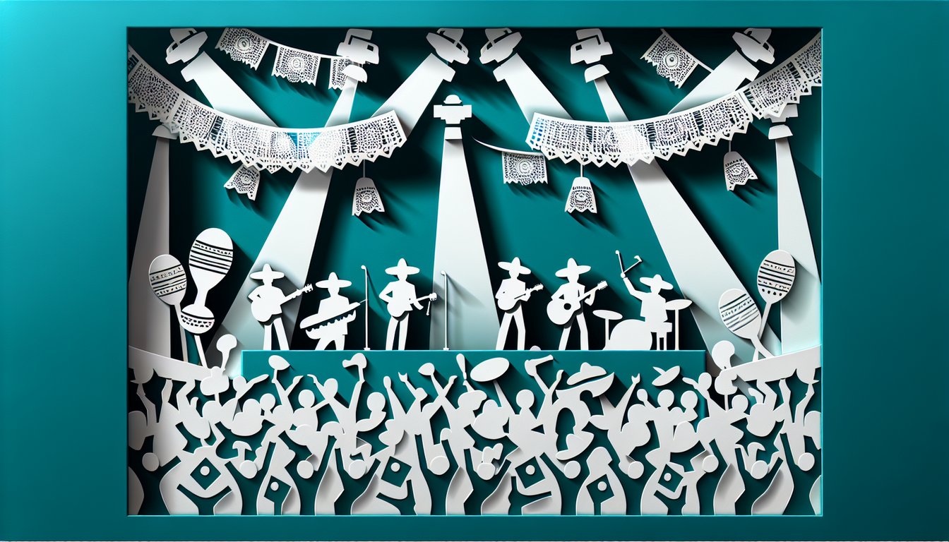 Paper art illustration for Duelo fan quiz with music notes guitars on teal background