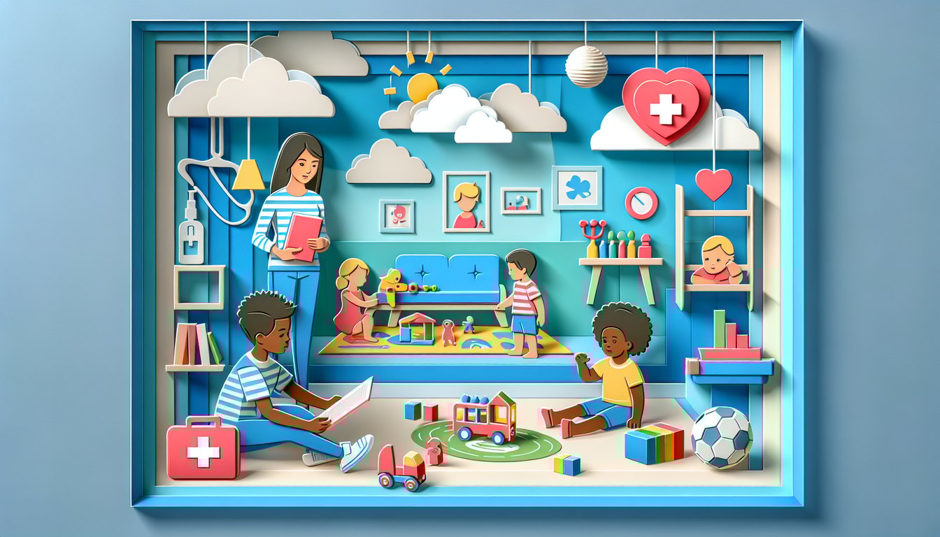 Paper art illustration for babysitting quiz testing safety smarts and fun activity skills on sky blue background