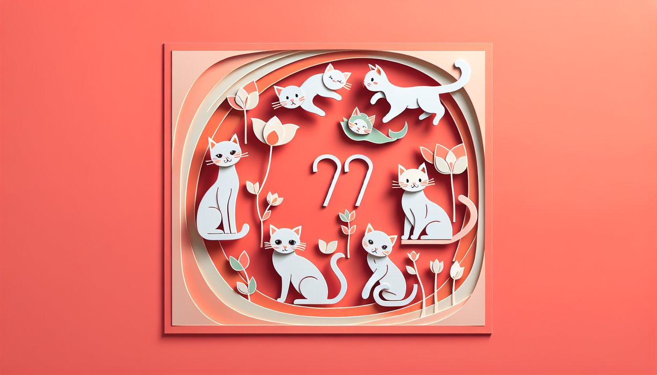 Paper cut cat with age scale icons and quiz callout free cat age quiz on coral background