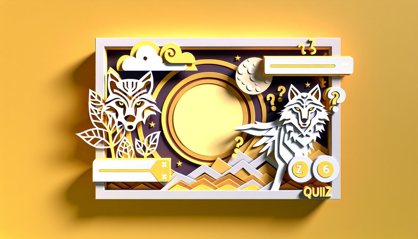 Paper art illustration for Teen Wolf trivia quiz with wolf pack questions on a golden yellow background
