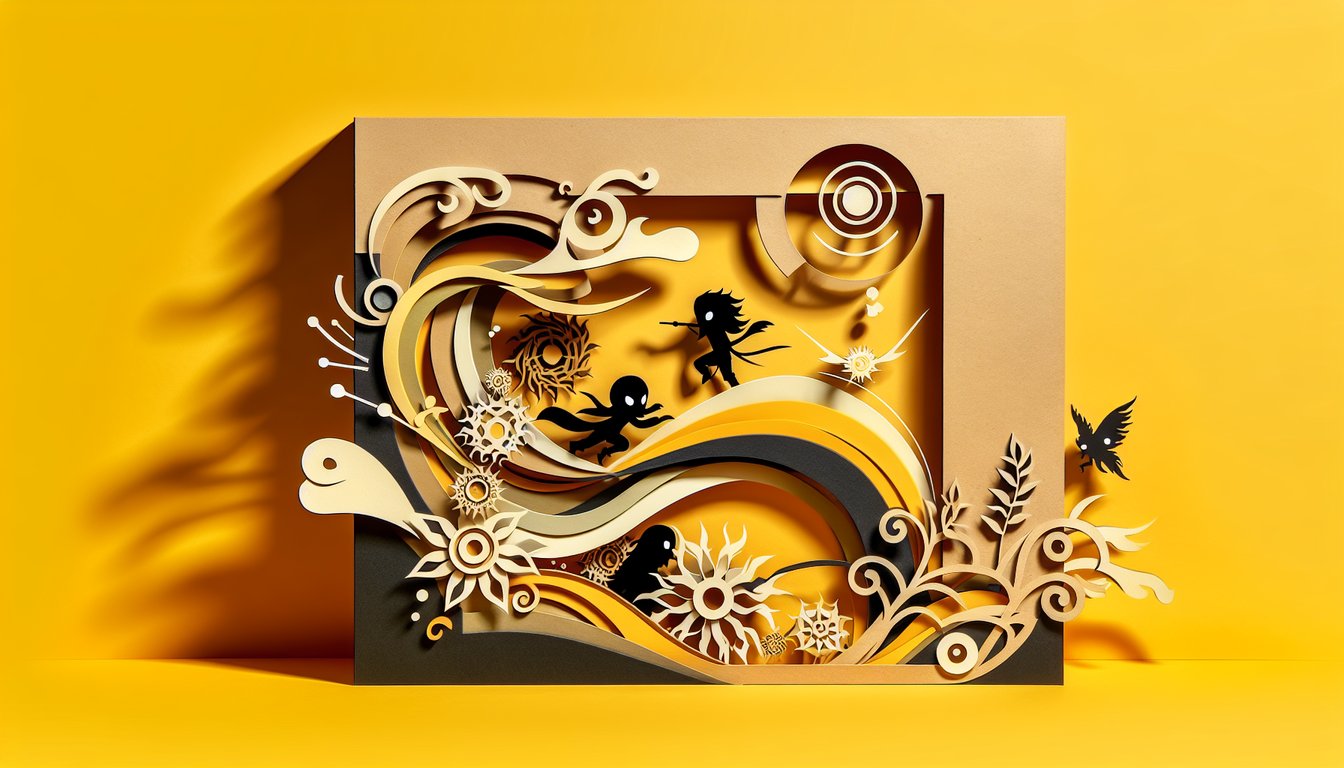 Demon Slayer quiz illustration in paper art style on a golden yellow background.