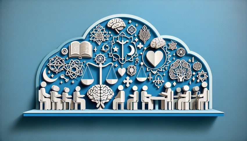 Paper art quiz illustration for religious and moral education mock questions on sky blue background