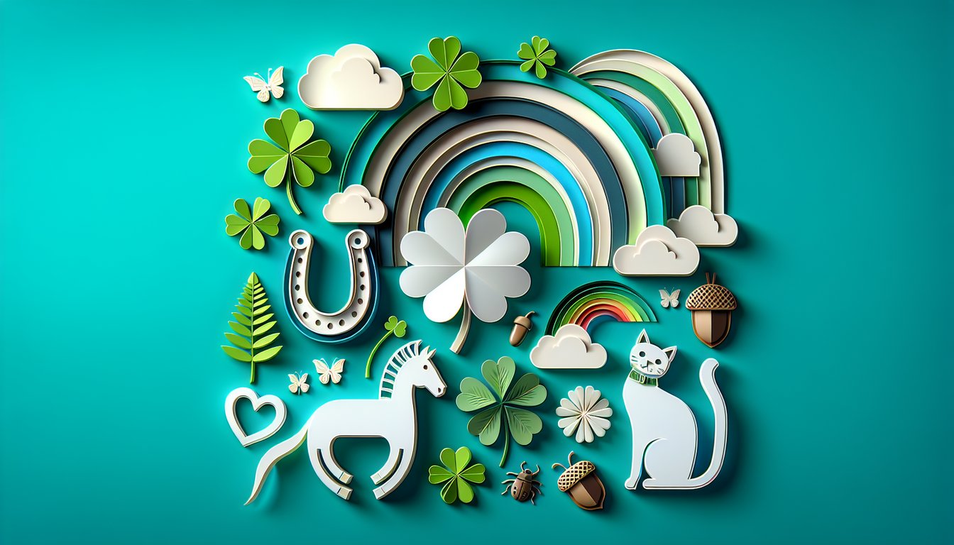 Paper art illustration of lucky charm icons on teal background for free quiz to reveal your ideal good luck symbol.