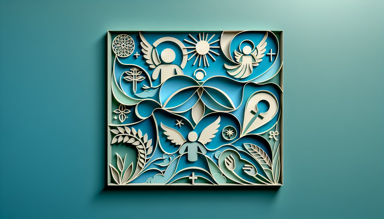 Paper art illustration for guardian angel family member quiz on teal background