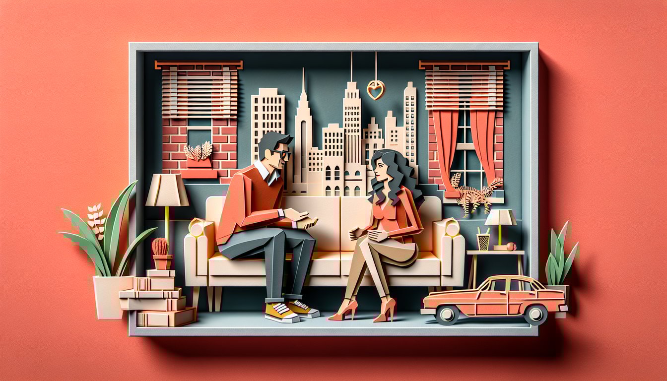 Paper art illustration for King of Queens trivia quiz on a coral background