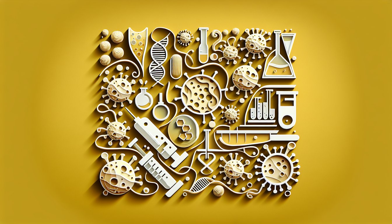 Paper art virus icons and test tubes arranged for microbiology quiz theme on golden yellow background.