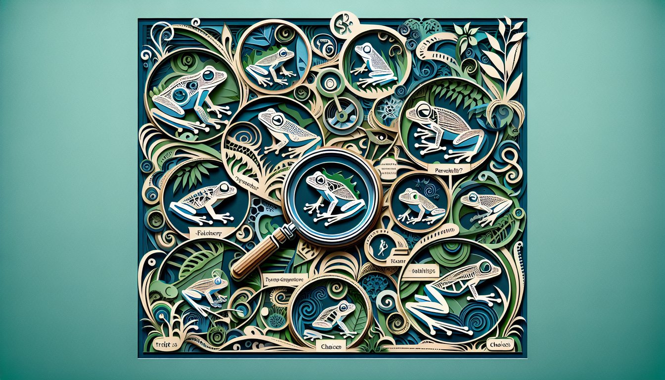 Paper art illustration for frog personality quiz on a teal background