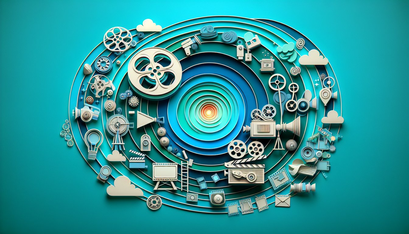 Paper art style animation quiz featuring vintage film-reel, early cartoon characters, timeline on teal background
