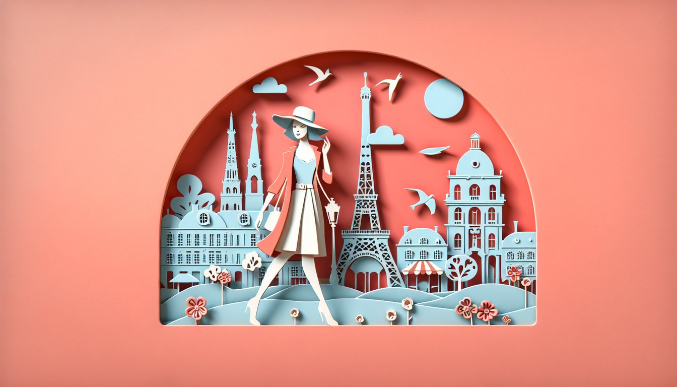 Paper art illustration for Emily In Paris personality quiz on coral background with Paris landmarks fun trivia vibe