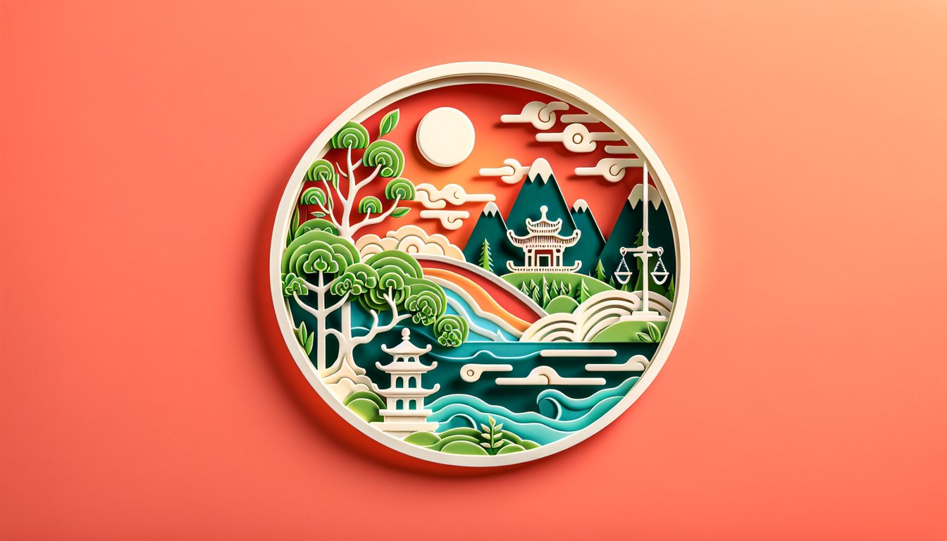Paper art Chinese philosophy quiz with Confucian Daoist Legalist symbols layered on coral background