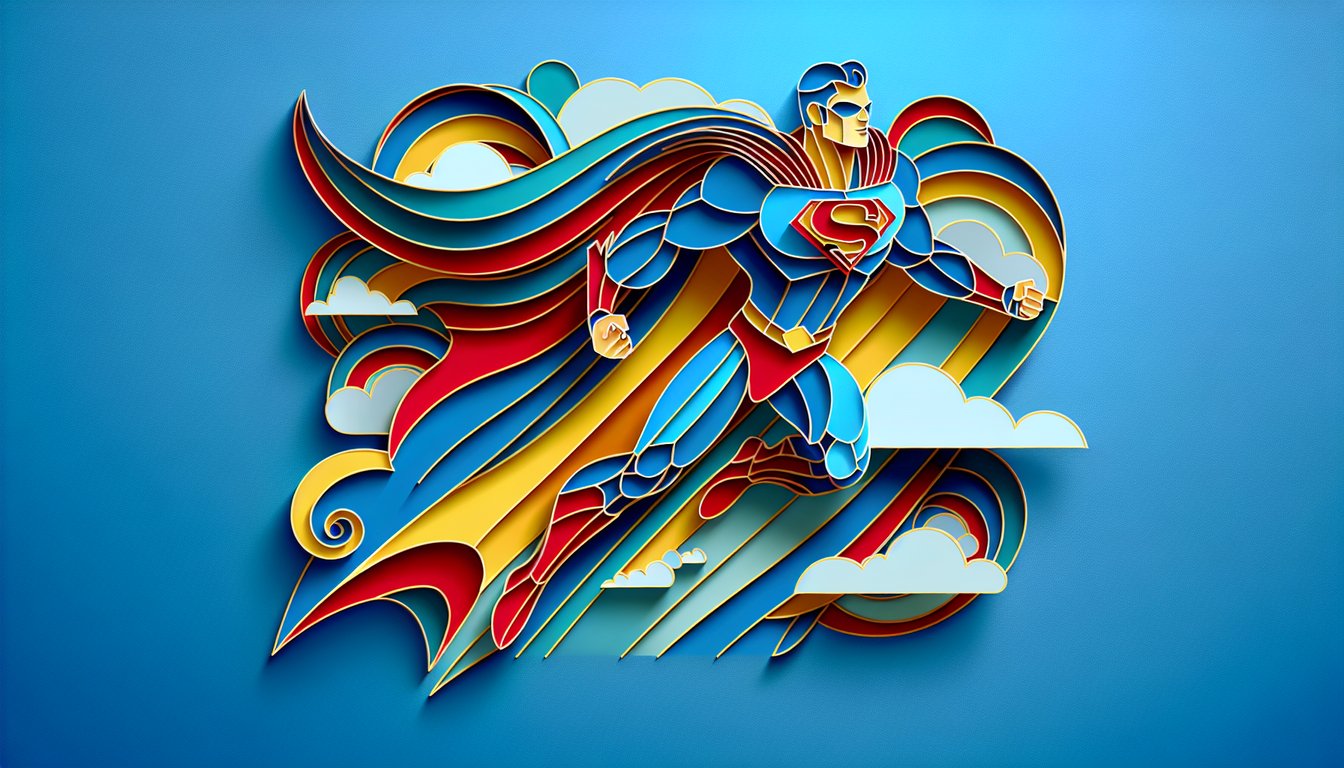 Paper art illustration for Superman trivia quiz on sky blue background