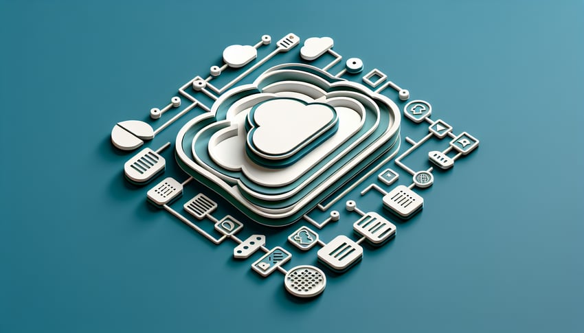 Paper art shows folders and cloud icons linked by lines illustrating Active Directory and cloud systems on teal background