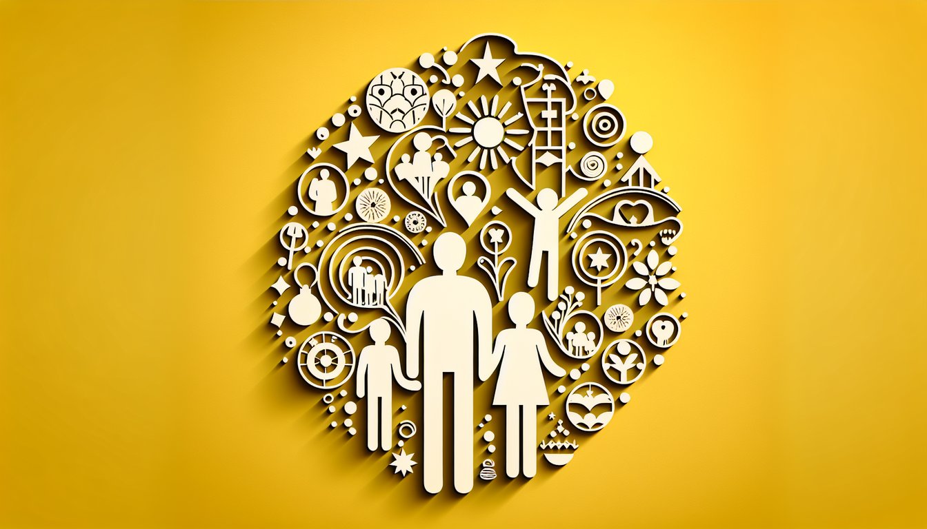 Paper art illustration for family dynamics personality quiz on golden yellow background