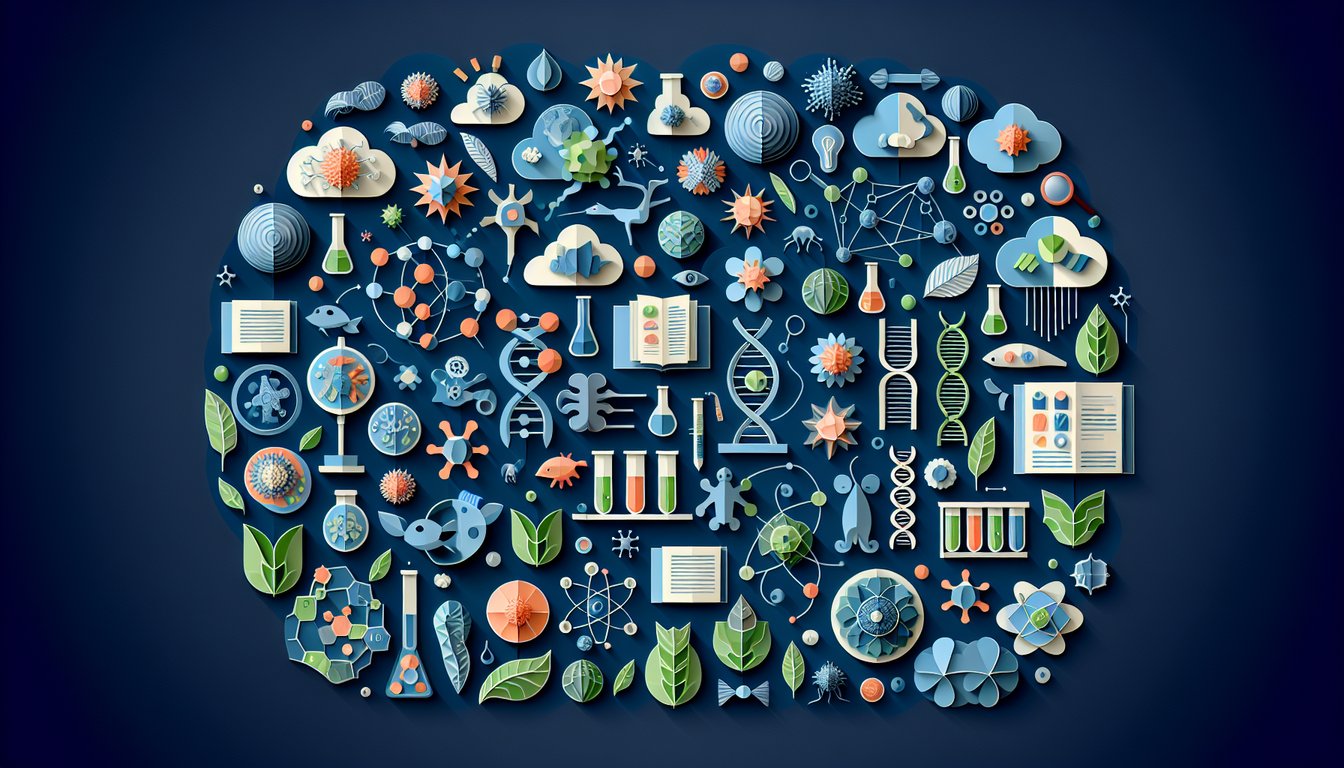 Paper art depicting a trivia quiz for college-level biology exam preparation.
