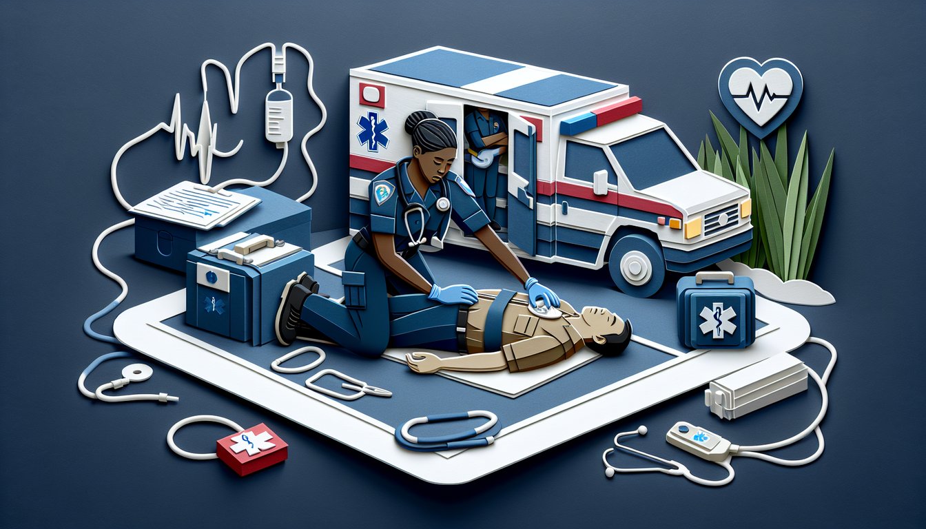 Paper art illustration of stethcope heart monitor and EMT symbols for shock response quiz on dark blue background.