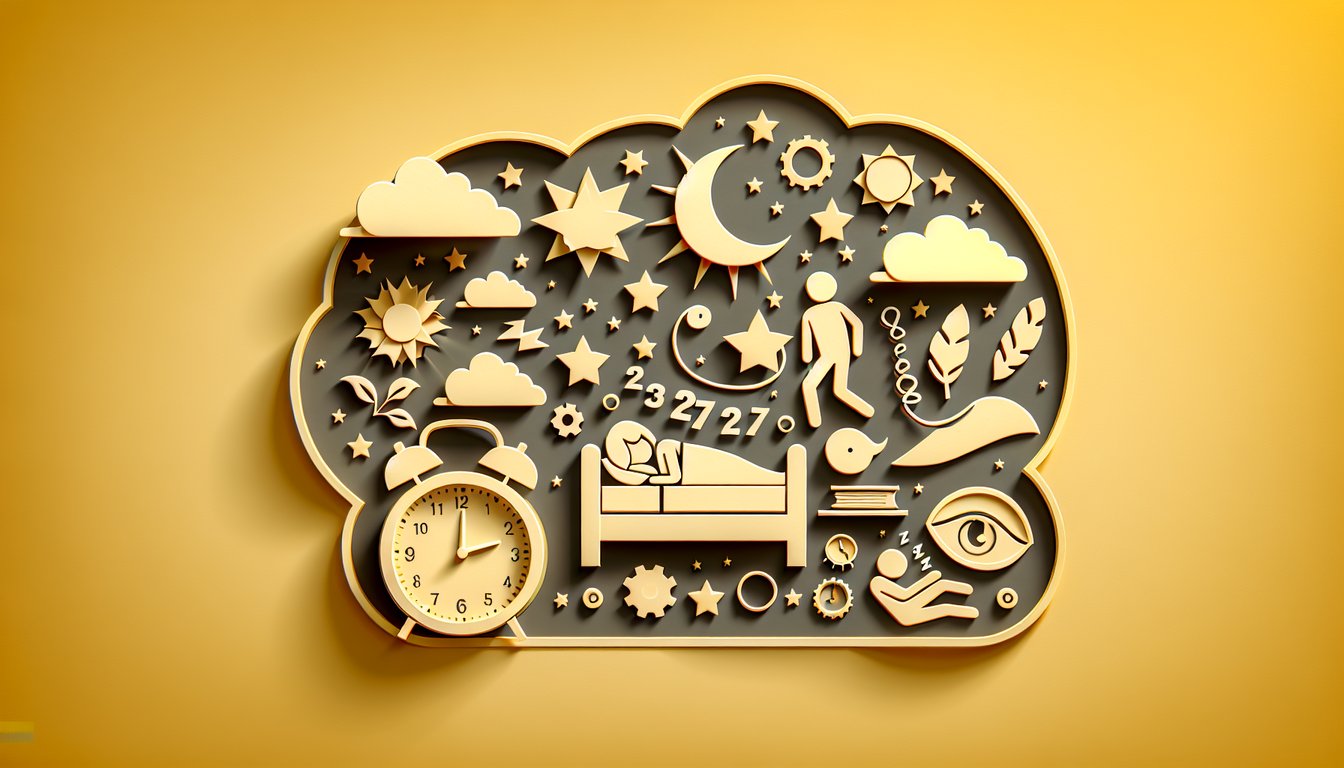 paper art illustration of teen sleeping amid quiz elements and sleep icons on golden yellow background