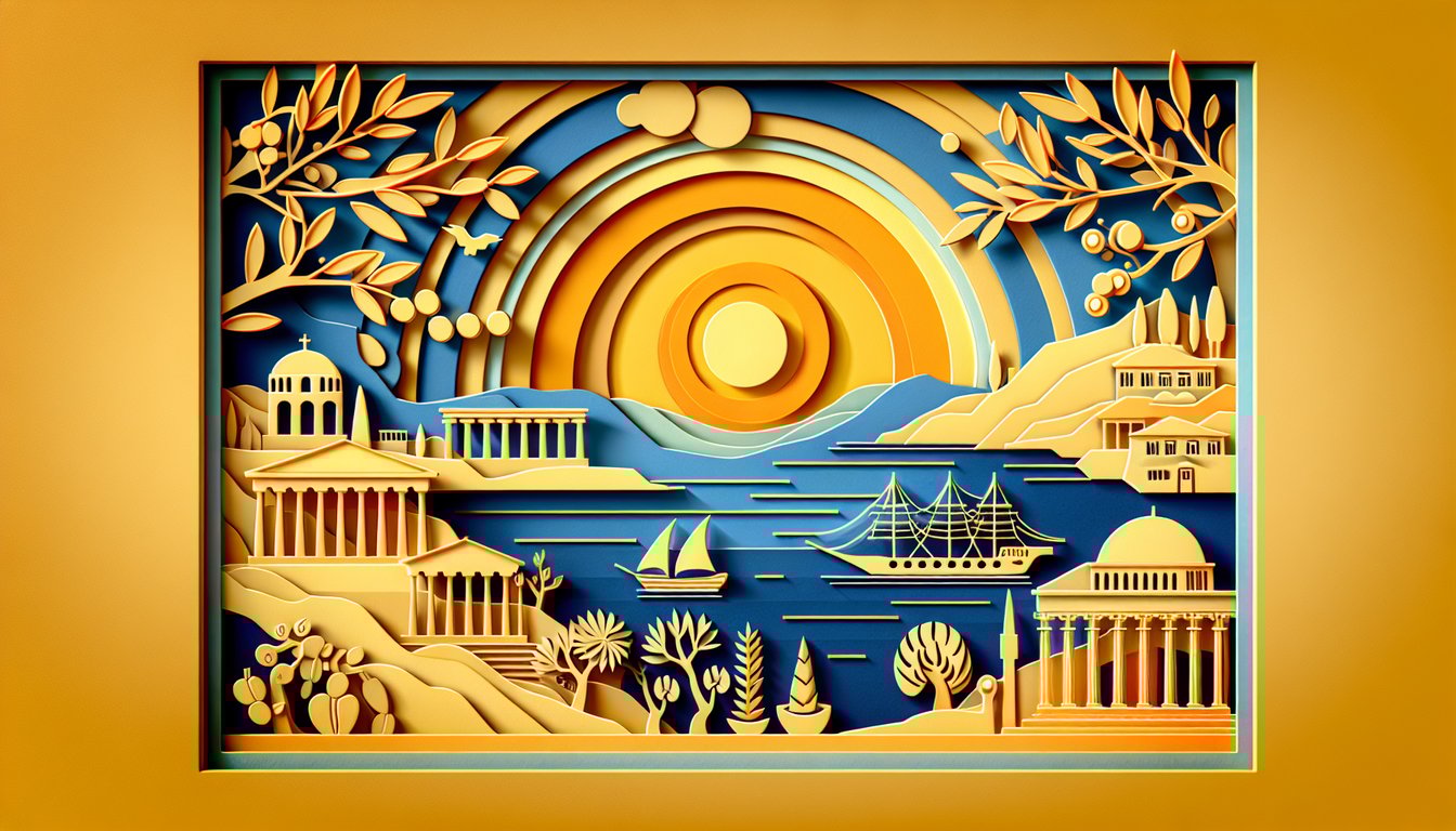 Paper art Greek column amphora olive wreath and laurel branches on golden yellow background for culture and taste quiz