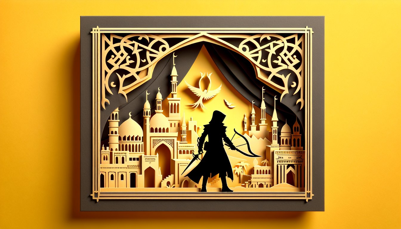 Paper art for Assassins Creed quiz with hidden blades, mission clues, character silhouettes and secrets on yellow background