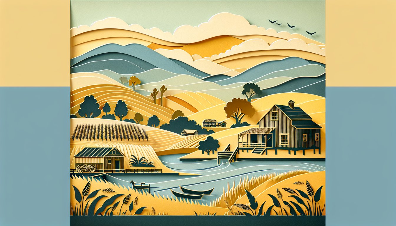 Paper art of two silhouettes on golden yellow background with quiz title on Of Mice and Men character, setting, plot.