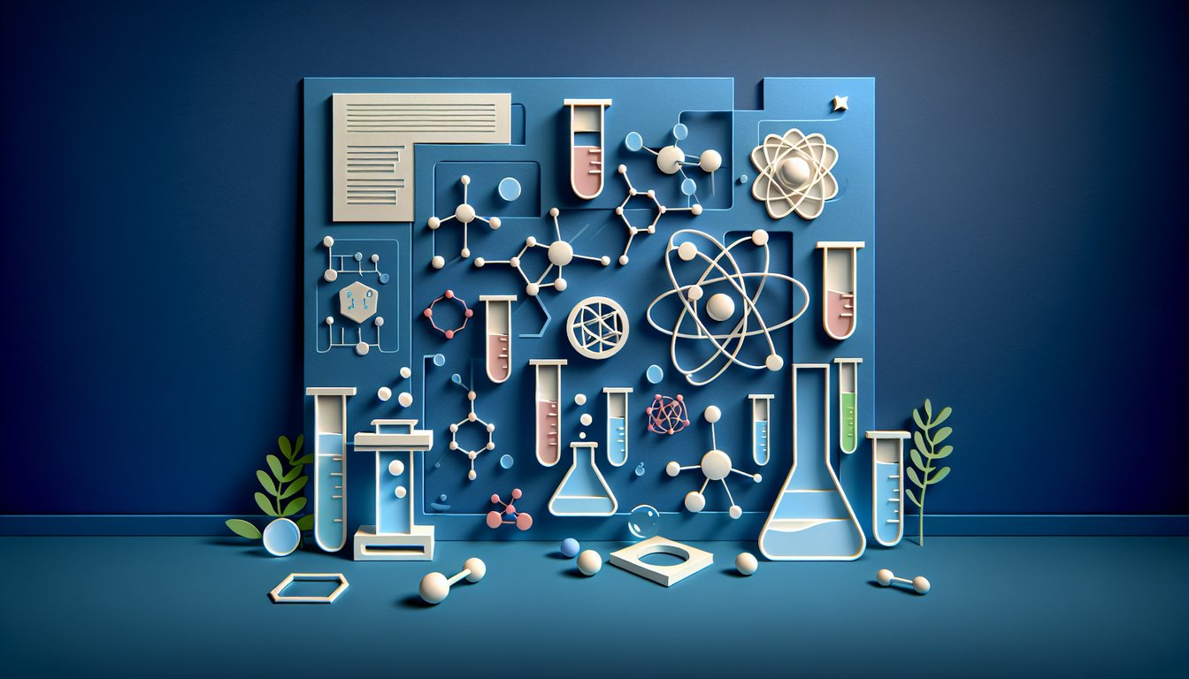 Paper art illustration for a basic chemistry quiz on a dark blue background
