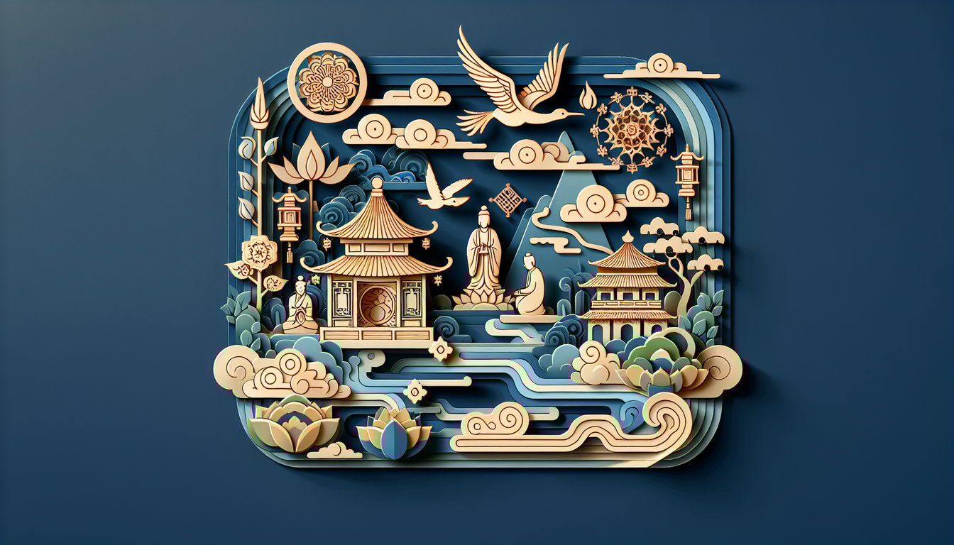Paper art depicting white yin yang symbol above layered mountains clouds and foliage on dark blue background for Taoism quiz