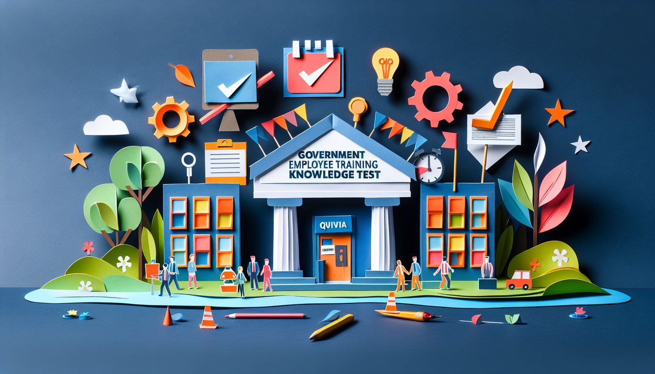 Colorful paper art depicting a quiz on Government Employee Training Knowledge Test