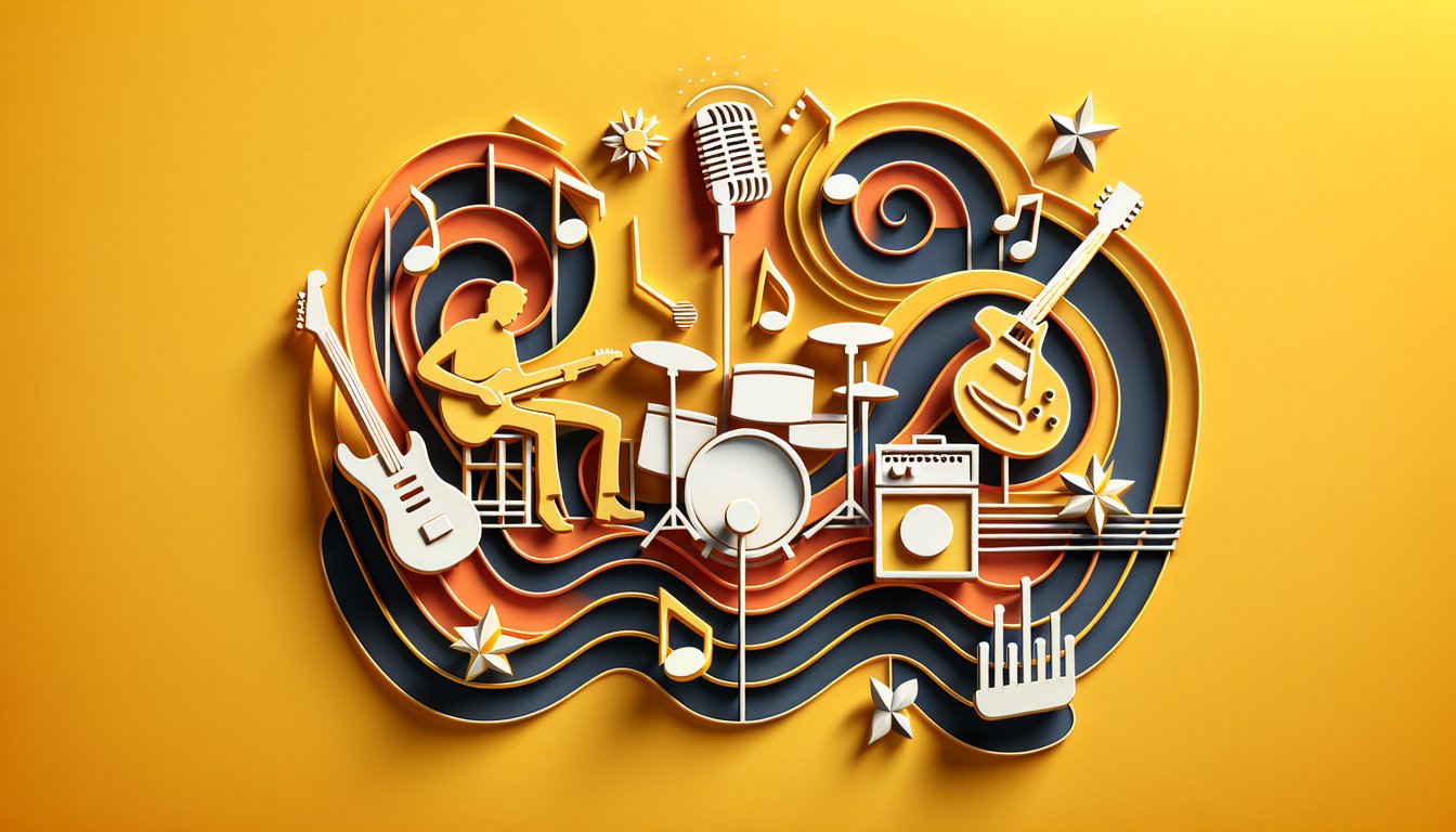 paper art illustration on golden yellow background showing guitar riffs drum kit and quiz title Crossfade Looking Back at Me